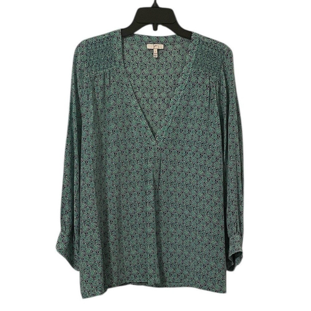 Joie Women's Green Blue Floral Aceline Printed Silk V-Neck Top Size L‎